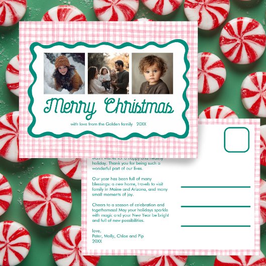 Gingham Wavy Pink Green Christmas Custom 3 Foto Feestdagenkaart