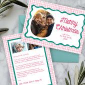 Gingham Wavy Pink Green Christmas Custom 3 Foto Feestdagenkaart