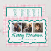Gingham Wavy Pink Green Christmas Custom 3 Foto Feestdagenkaart (Voorkant / Achterkant)