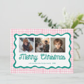 Gingham Wavy Pink Green Christmas Custom 3 Foto Feestdagenkaart (Staand voorkant)