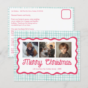 Gingham Wavy Pink Green Christmas Custom 3 Foto Feestdagenkaart
