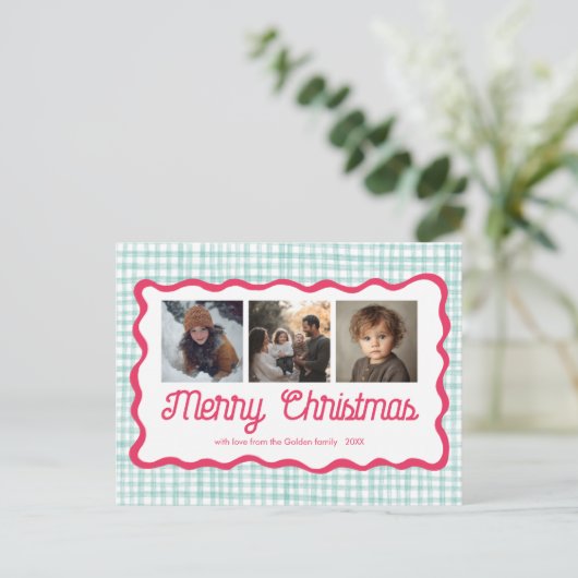 Gingham Wavy Pink Green Christmas Custom 3 Foto Feestdagenkaart (Staand voorkant)