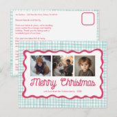 Gingham Wavy Pink Green Christmas Custom 3 Foto Feestdagenkaart (Voorkant / Achterkant)