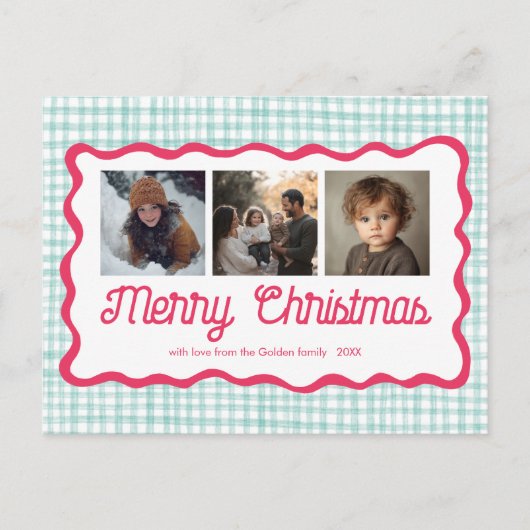 Gingham Wavy Pink Green Christmas Custom 3 Foto Feestdagenkaart (Voorkant)