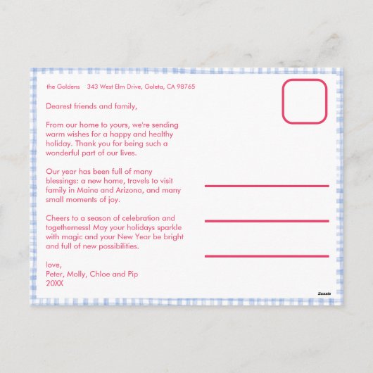 Gingham Wavy Roze Blauw Kerstmis Custom 3 Foto Feestdagenkaart (Achterkant)