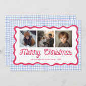 Gingham Wavy Roze Blauw Kerstmis Custom 3 Foto Feestdagenkaart (Voorkant / Achterkant)