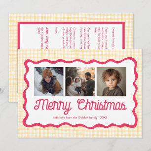 Gingham Wavy Roze Geel Kerst Custom 3 Foto Feestdagenkaart
