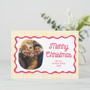Gingham Wavy Roze Geel Kerst Custom 3 Foto Feestdagenkaart