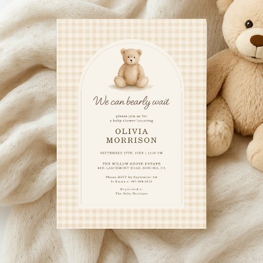 Gingham We Can Bearly Wait Baby Shower Kaart