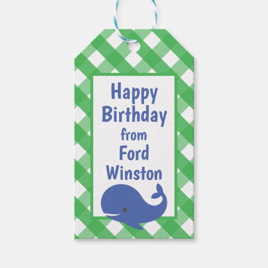 Gingham Whale Personalized Gift Label Cadeaulabel (Voorkant)