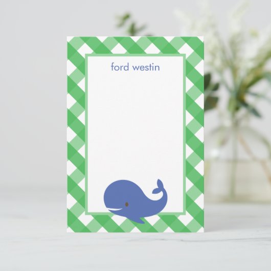 Gingham Whale Persoonlijke Notitiekaarten (Staand voorkant)