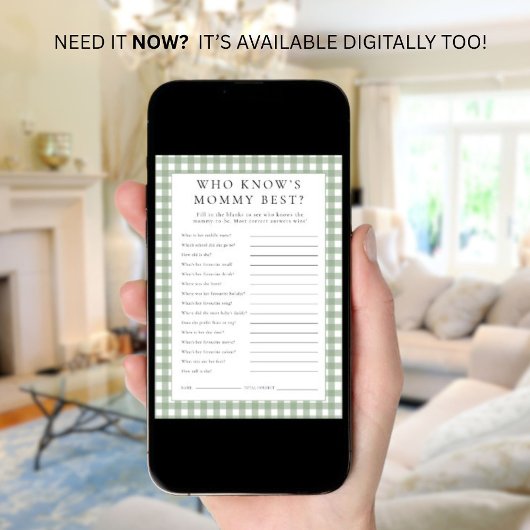 Gingham Who Knows Mama Beste Baby shower Spelkaart Kaart