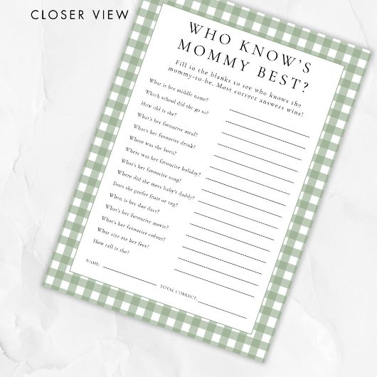 Gingham Who Knows Mama Beste Baby shower Spelkaart Kaart