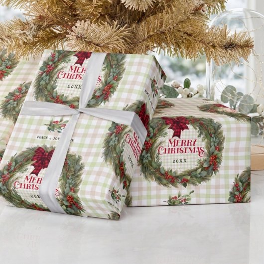 Gingham Wreath Watercolor Christmas Cadeaupapier