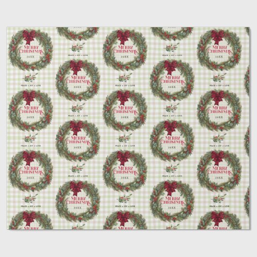 Gingham Wreath Watercolor Christmas Cadeaupapier (Vlak)
