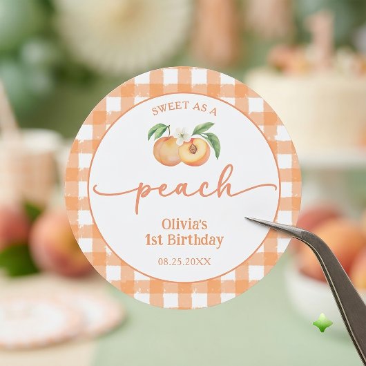 Gingham Zo Zoet Als Een Perzik Verjaardagssticker Ronde Sticker
