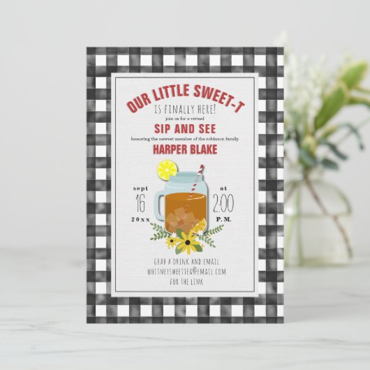 Gingham Zoete Thee Bloem Baby Virtuele Sip & See Kaart (Staand voorkant)