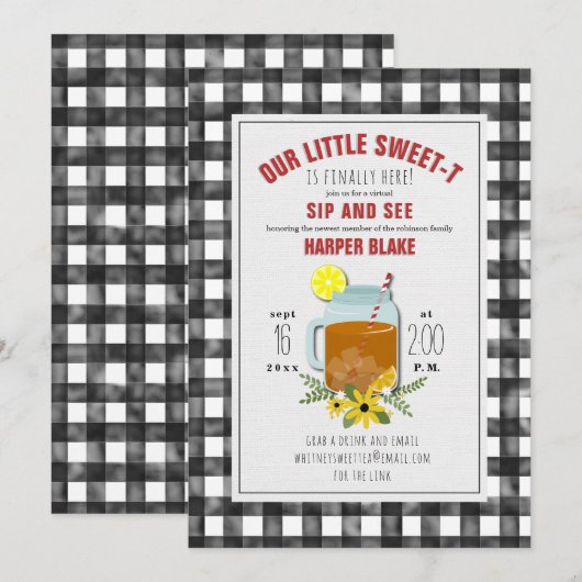 Gingham Zoete Thee Bloem Baby Virtuele Sip & See Kaart (Voorkant / Achterkant)