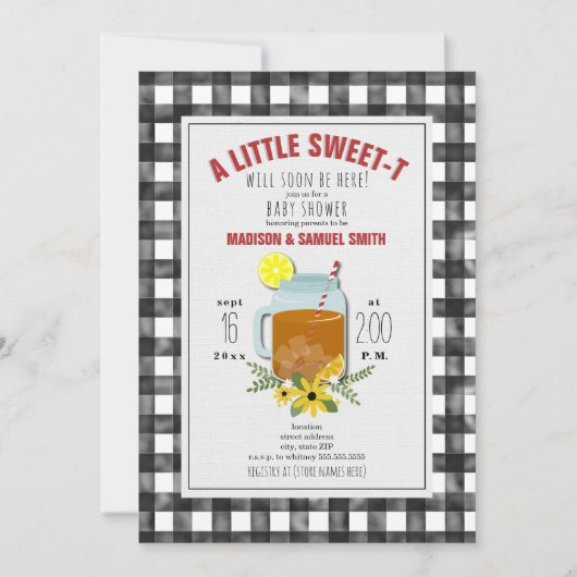 Gingham Zoete Thee Bloemige Baby Shower Uitnodigin Kaart (Voorkant)