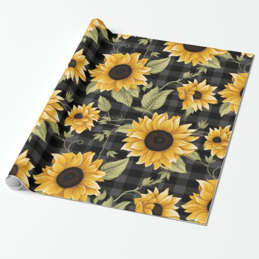 Gingham zonnebloemen patroon cadeaupapier (Uitgerold)