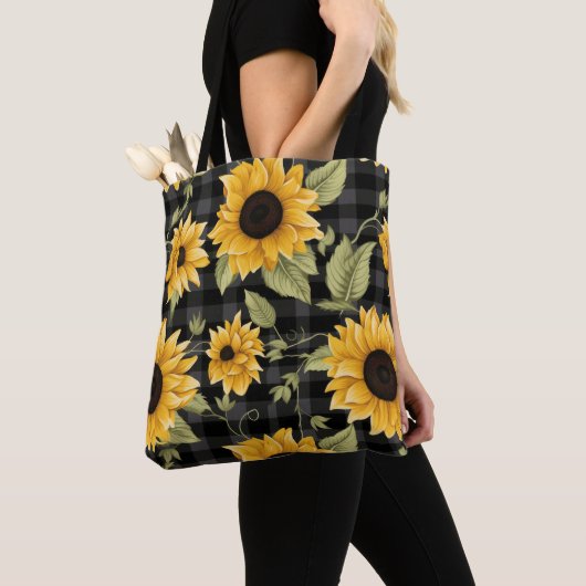 Gingham zonnebloemen patroon tote bag (Dichtbij)