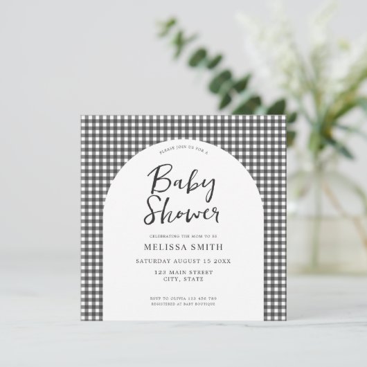 Gingham zwart wit geruit geruite Baby shower Kaart (Staand voorkant)