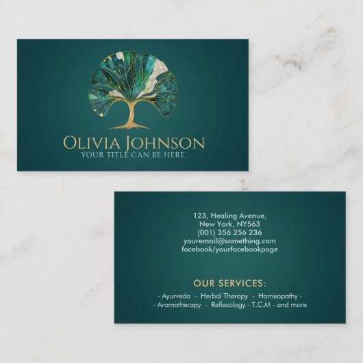 Gingko Bladboom - Smaragd Marmer en Goud Visitekaartje (Voorkant / Achterkant)