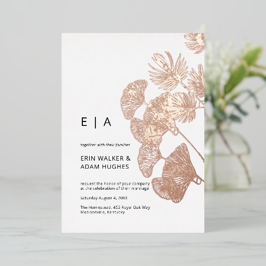 Gingko Leaf Real Roos Gold Wedding Folie Uitnodiging (Staand Voorkant)