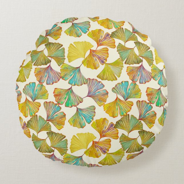 Gingko Leaves: Bloemen Abstracte kunst Rond Kussen (Voorkant)