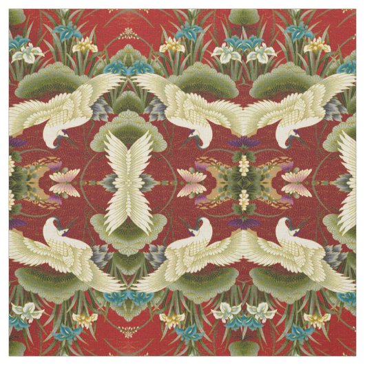 Gingko Leaves & Cranes Red Stof (Swatch)