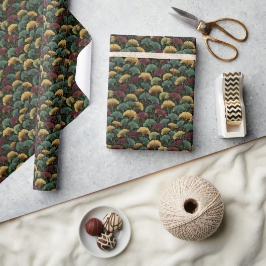 Ginkgo-bladpatroon turquoise roodbordeaux cadeaupapier (Crafts)