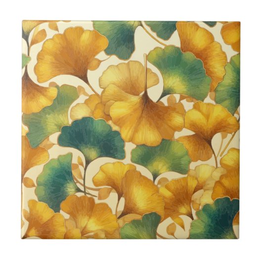 Ginkgo Glow Gouden en Groen Blad Patroon Tegeltje (Voorkant)