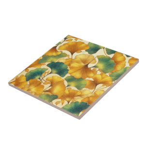 Ginkgo Glow Gouden en Groen Blad Patroon Tegeltje