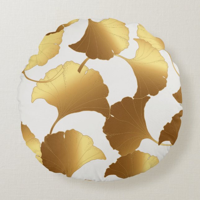 Ginkgo Gold: luxe  design. Rond Kussen (Voorkant)