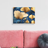 Ginkgo laat goudblauw achter canvas afdruk (Insitu (Woonkamer))
