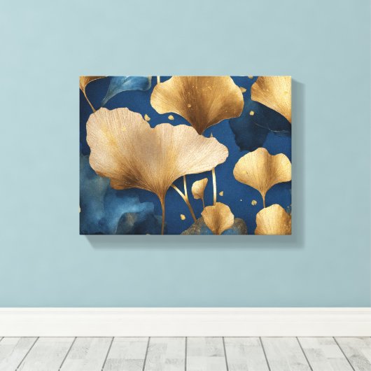 Ginkgo laat goudblauw achter canvas afdruk (Insitu (Houten vloer))