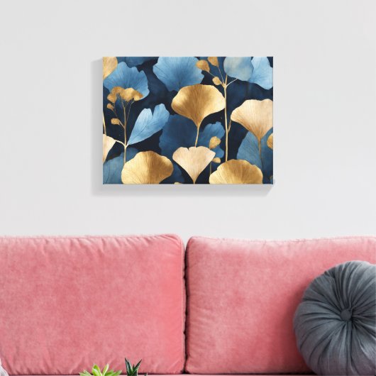 Ginkgo laat goudblauw achter canvas afdruk (Insitu (Woonkamer))