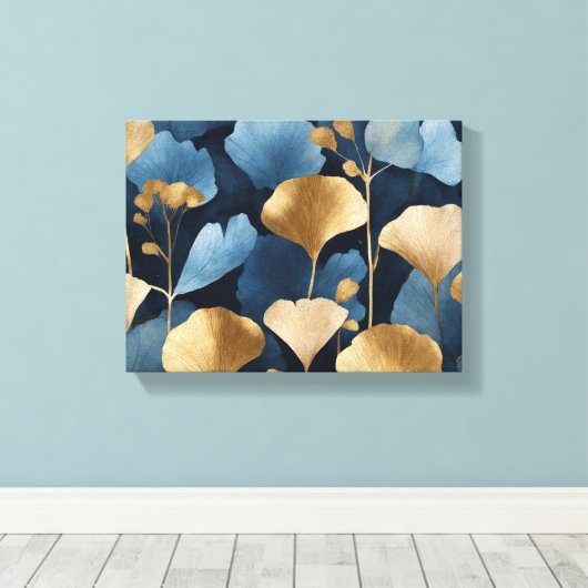 Ginkgo laat goudblauw achter canvas afdruk (Insitu (Houten vloer))