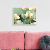 Ginkgo laat gouden salie groen achter canvas afdruk (Insitu (Woonkamer))