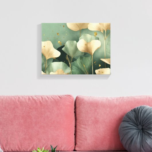 Ginkgo laat gouden salie groen achter canvas afdruk (Insitu (Woonkamer))