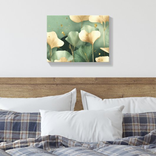 Ginkgo laat gouden salie groen achter canvas afdruk (Insitu (Slaapkamer))