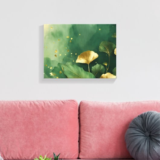Ginkgo laat goudgroen achter canvas afdruk (Insitu (Woonkamer))