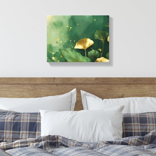 Ginkgo laat goudgroen achter canvas afdruk (Insitu (Slaapkamer))