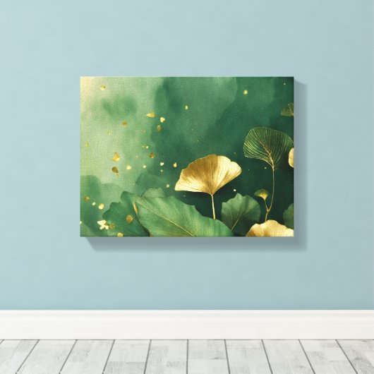 Ginkgo laat goudgroen achter canvas afdruk (Insitu (Houten vloer))