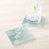 Ginkgo op Dusty Blauwgroen - Wit Glazen Onderzetter (Schuin)