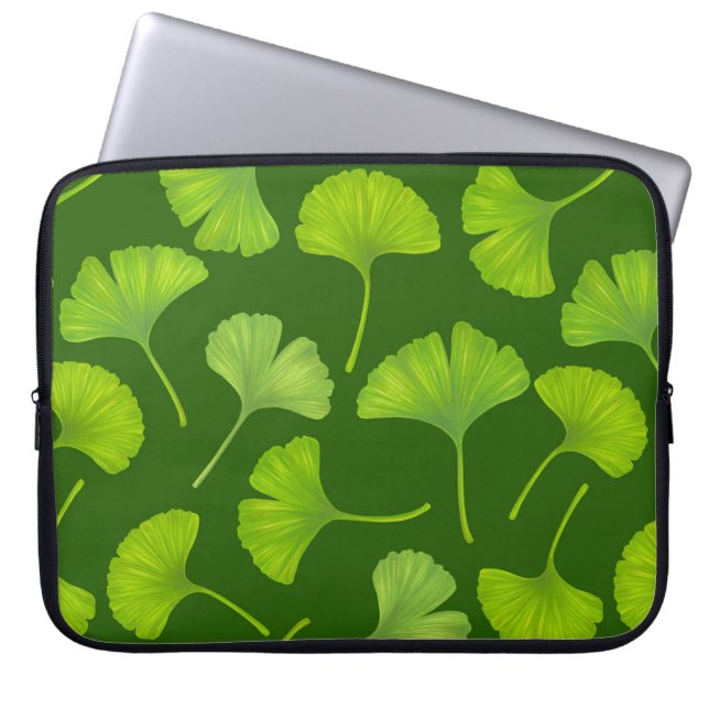Ginkgo patroon op donkergroen laptop sleeve (Voorkant)