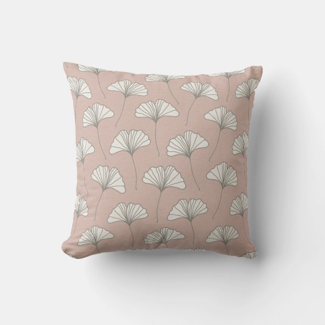 Ginkgo Tree Leaf Pattern Pink Grey and White Kussen (Voorkant)