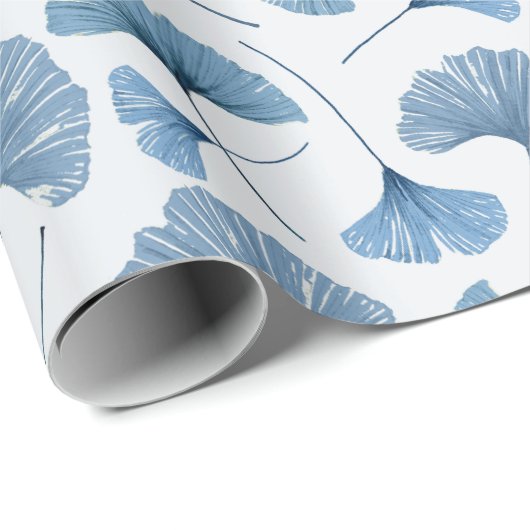 Ginkgo Tropisch bladblauw en wit patroon Cadeaupapier (Rol Hoek)