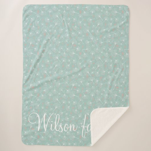 Ginkgo verlaat turquoise en koraal familie monogra sherpa deken (Voorkant)