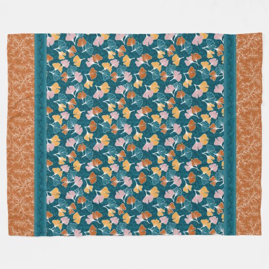 Ginkgos op Ocean Blue met Terracotta Blanket Fleece Deken (Voorkant (Horizontaal))
